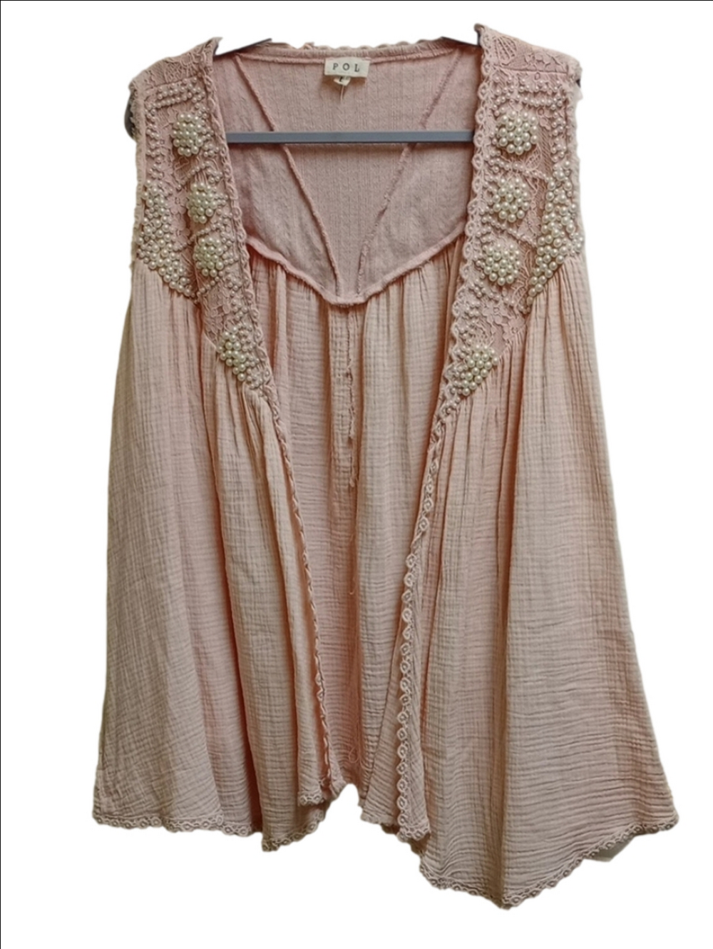🩷POL BLUSH PINK LACE GAUZE COTTON SLEEVLESS CARDIGAN TUNIC EMBELLISHED PEARLS - Picture 2 of 16